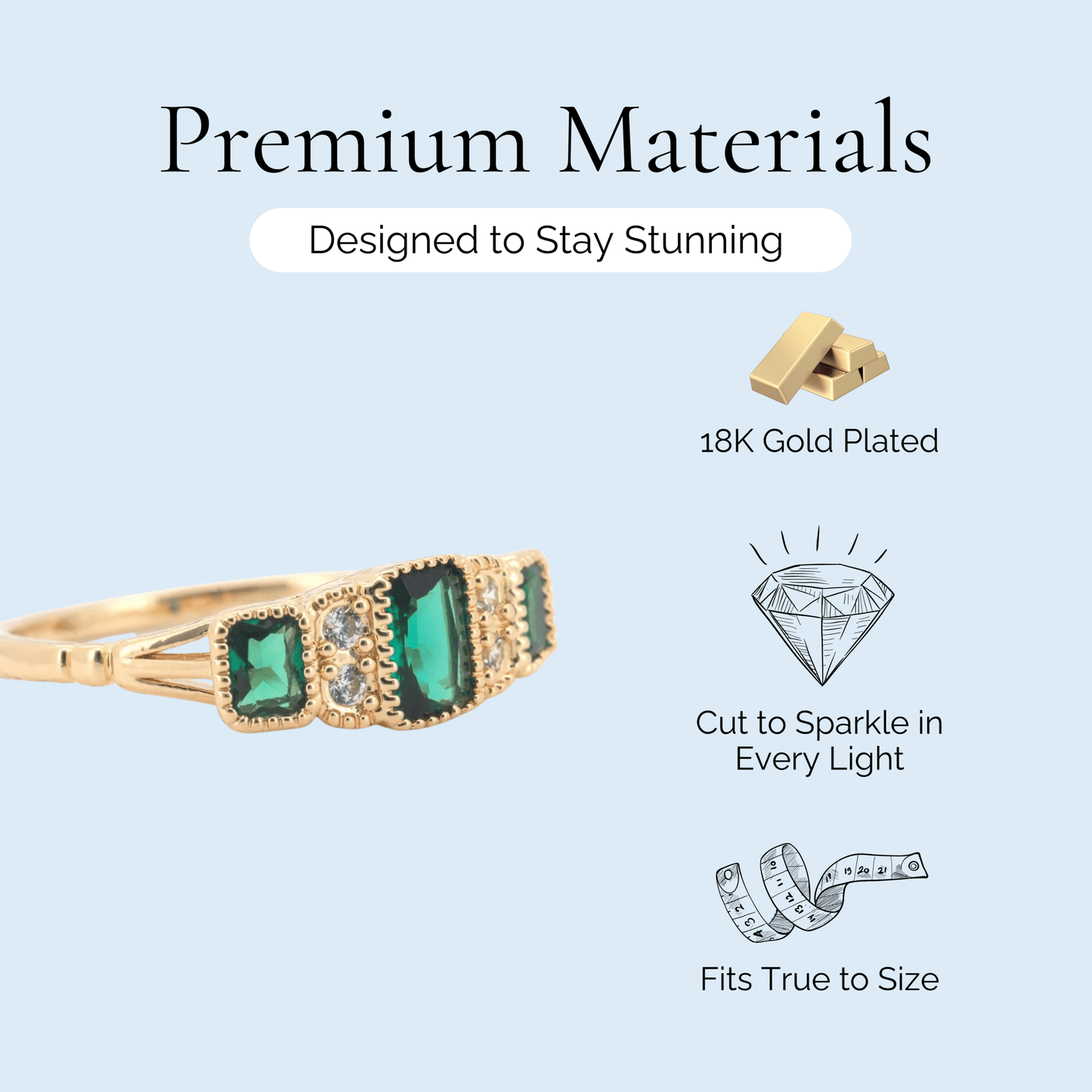 Anne - Radiant Cut Emerald Gold Plated Ring - Sage Gems Jewellery Co.
