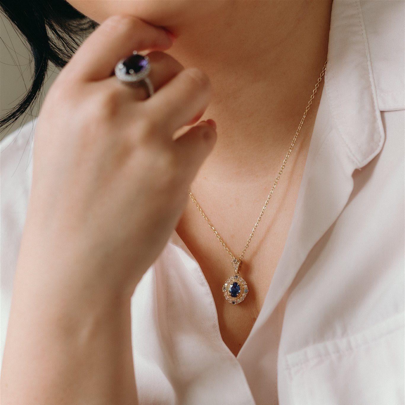 Maria - Gold Plated Sapphire and Crystal Pendant Necklace - Sage Gems Jewellery Co.