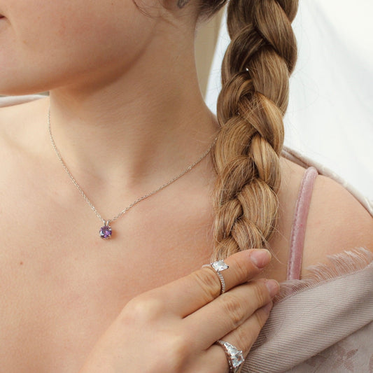 Faith single amethyst gem silver plated necklace on model - Regal Gems Jewellery