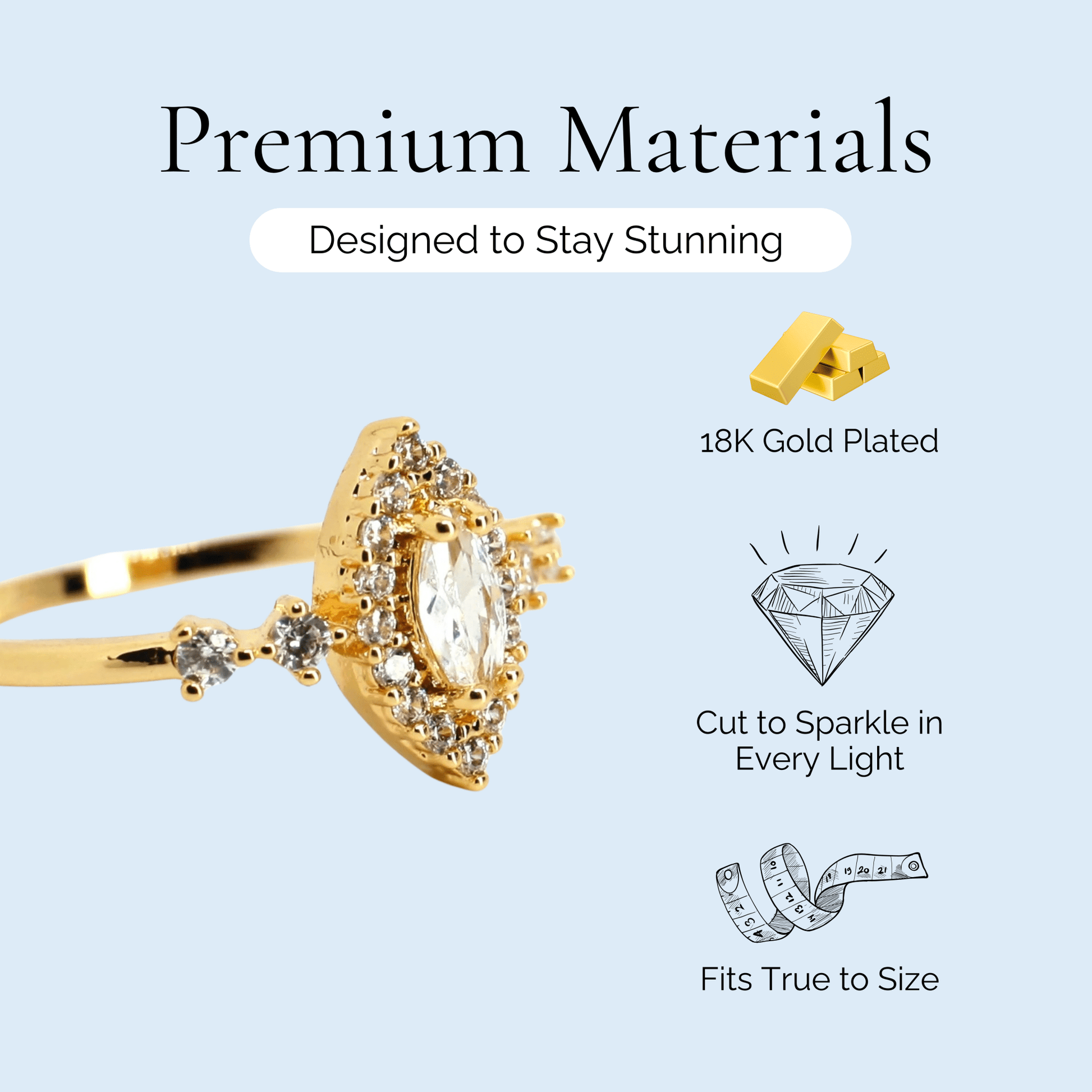 Penelope - Marquise Cut Crystal Gold Plated Ring - Sage Gems Jewellery Co.